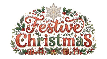 Fototapeta premium Festive Christmas lettering artwork adorned with winter pine branches seasonal berries golden bells and presents for seasonal greeting cards or holiday decorations to celebrate the annual winter