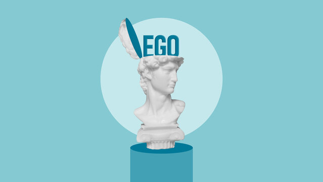 Ego and self-importance concept, narcissism, superiority and inflated self-esteem represented by classical sculpture with oversized EGO symbol