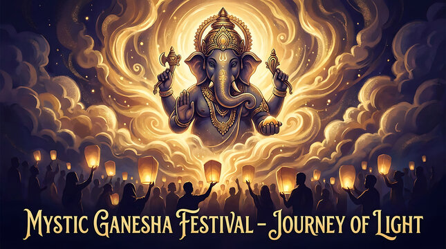 Majestic Hindu Deity Appearing Amidst a Glowing Crowd of Devotees Holding Floating Lanterns During a Spiritual Celebration