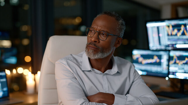 Concentrated forex trader monitoring live currency exchange platform across triple monitors in dimly lit trading room, candlelit desk accent casting warm glow on intense face