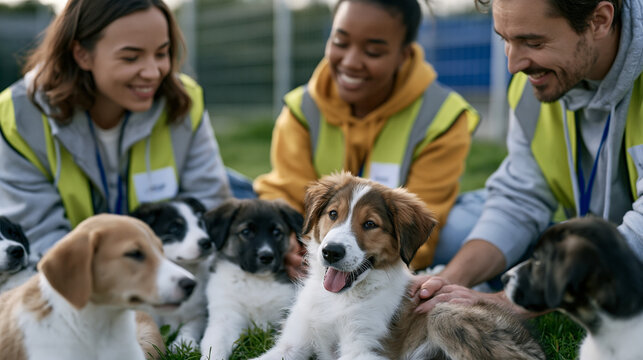 Animal shelter volunteer group socializing a litter of young rescue dogs in an outdoor play yard, volunteers seated on grass guiding the animals, adoption readiness program,
