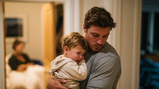 Father holding his inconsolable toddler son in the hallway outside the master bedroom at midnight, the mother visible through the cracked door sitting up in bed looking equally