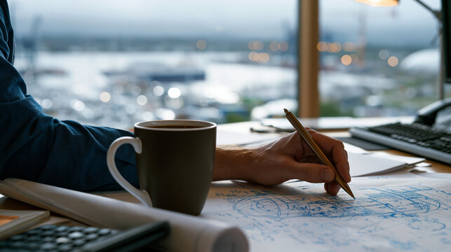 Naval architect drawing modified pressure vessel cross-section for multigenerational ship sleeping quarter rotation at overcast harbor-view office desk, population density and