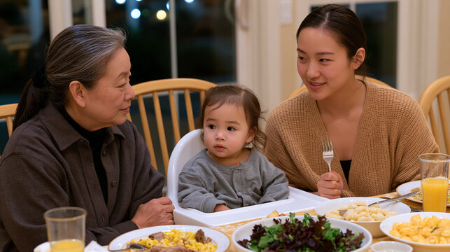Grandmother offering unsolicited feeding advice to a young mother at a family Sunday dinner, the mother gripping her fork tightly while maintaining a polite smile, the toddler in