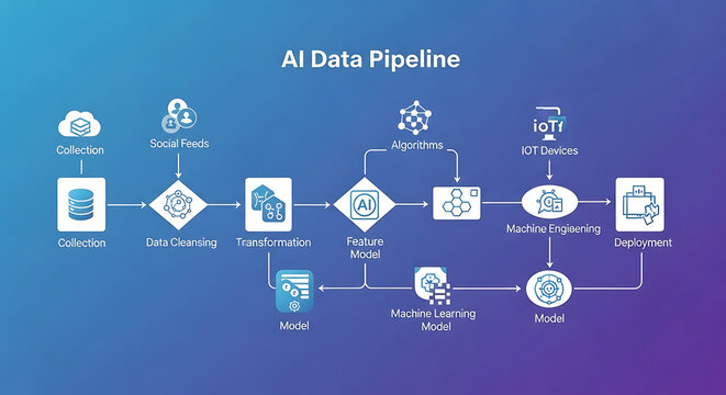 Artificial intelligence data pipeline workflow diagram showing sequential steps from information collection to software system deployment