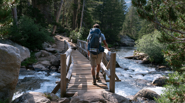 Thru-hiker with heavily laden pack crossing a wooden footbridge over a granite creek on a long-distance trail, journal and waterproof maps tucked in hip belt pocket, worn boot