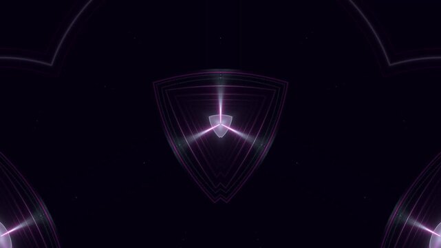futuristic purple glowing triangular shield logo with neon light rays - digital technology, cyber security symbol, modern vector graphic design