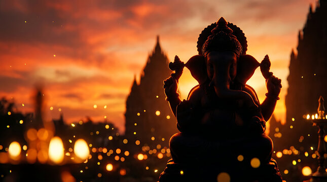 Silhouette of Lord Ganesha idol during a vibrant golden sunset with glowing lights and temple background