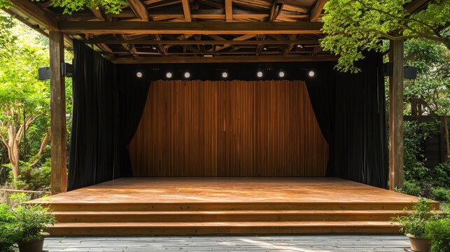 Outdoor wooden stage with black curtains and natural setting