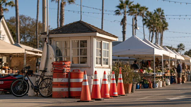 Lifeguard station at a vibrant winter coastal market, worn rescue equipment arranged as a symbolic still life beside a perfectly executed parallel parking cone display, seasonal