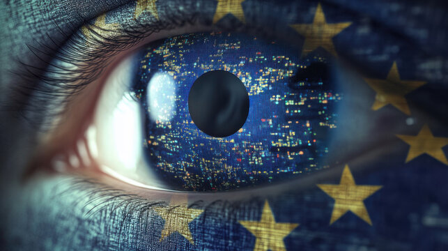 Close-up of an eye with digital and European Union flag elements