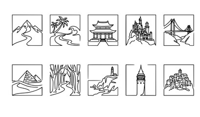 Fototapeta premium Travel destination line art icon set featuring mountains, beach, temple, castle, bridge, pyramid, forest, lighthouse, tower and village