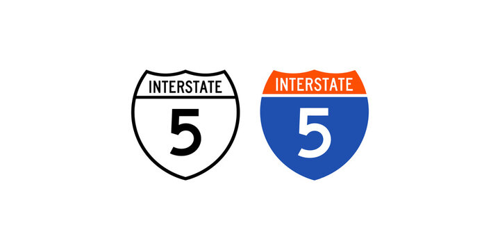 Interstate 5 - set of two highway signs, one in black outline and another in full color with blue, orange, and white.