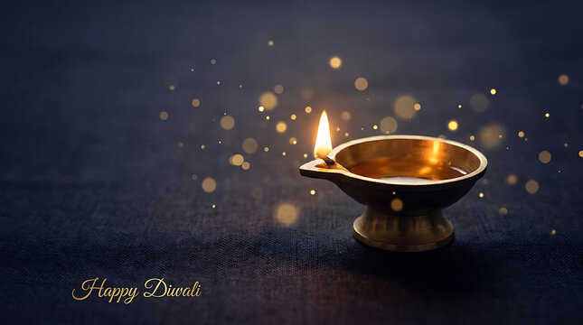 Beautiful golden lit diya oil lamp for Happy Diwali festival celebration on dark background with bokeh lights