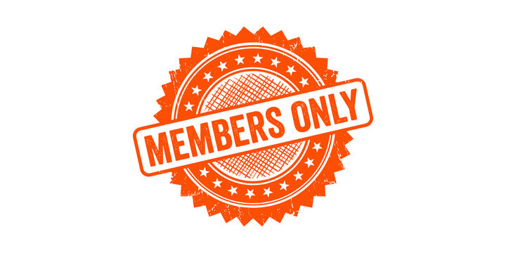 Members only - orange grunge rubber stamp with a textured effect on a transparent background, depicting exclusivity.