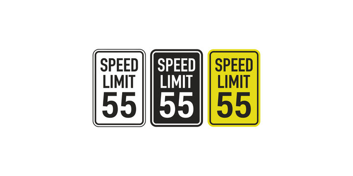 Speed limit sign 55 miles per hour, various styles of traffic regulation on a highway, road safety indicator.