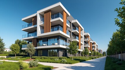 Fototapeta premium Modern multi‑story apartment building, geometric facades, wood slat panels, glass balcony railings, dark‑grey and white exterior, landscaped green lawn, young trees, paved sidewalk, bright clear blue 