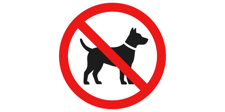 No dogs allowed sign, red circle with diagonal line over black dog silhouette, pets forbidden symbol.