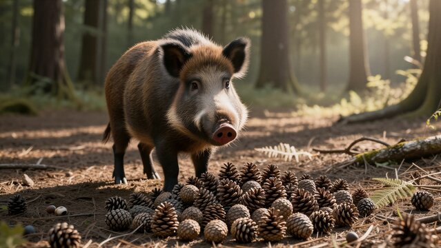 A wild boar stands alert in a sun-dappled forest glade, its coarse fur and pink snout illuminated by warm golden-hour sunlight.