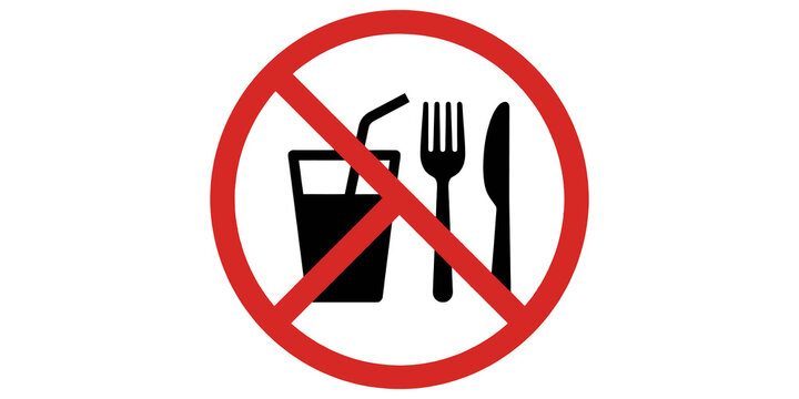 No food or drink allowed sign, red circle with diagonal line over glass, fork, and knife icons.