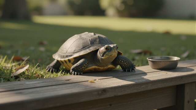 A Red-eared Slider turtle rests on a wooden bench in a backyard garden, surrounded by lush greenery and a metal water bowl.