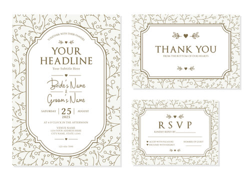 Elegant Outline Branch Berries Wedding Invitation Suite Vector Template
