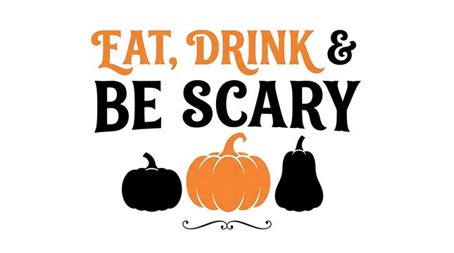Eat drink and be scary halloween typography design with decorative pumpkins for holiday apparel and greeting cards