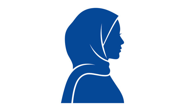 Muslim woman vector icon, hijab profile silhouette, blue isolated illustration, Islamic female headscarf symbol, minimalist avatar art, traditional modesty graphics, sign