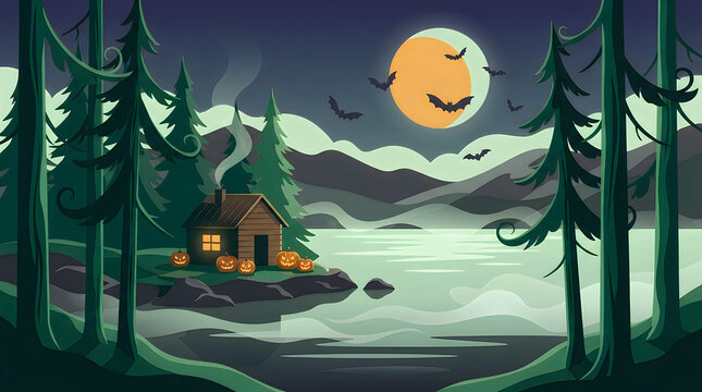 Spooky Halloween cabin in a misty forest with a full moon and flying bats pixel art