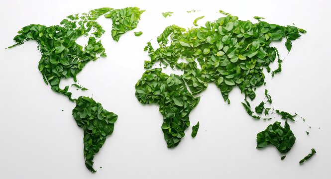 An artistic representation of a world map created entirely from vibrant green � Nature and Environment Concept for Sustainability and Eco Living