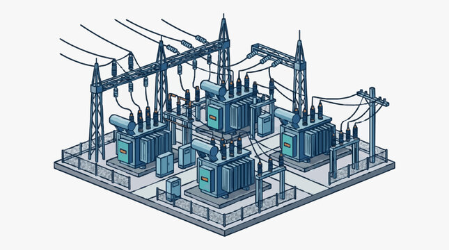Professional Isometric of Electrical Substation with Transformers Switchgear and Overhead Power Lines
