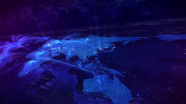 World Map Connections With Visual Effects And Glowing Connections In Different Places On The Map. World Communication Business Technology Network
