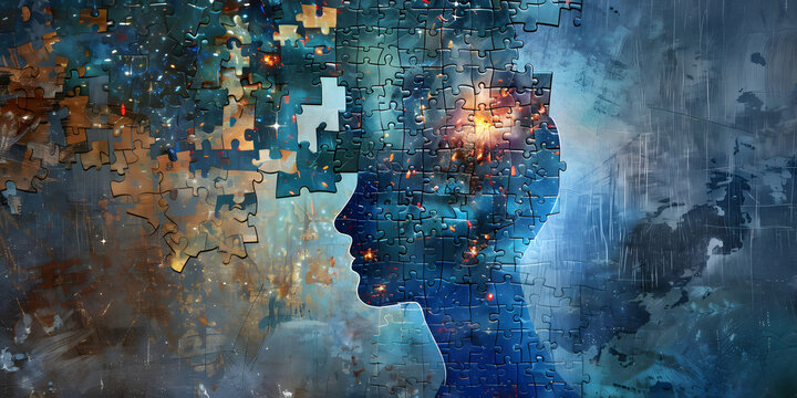 Human head silhouette dissolves into cosmic puzzle pieces, representing thought.