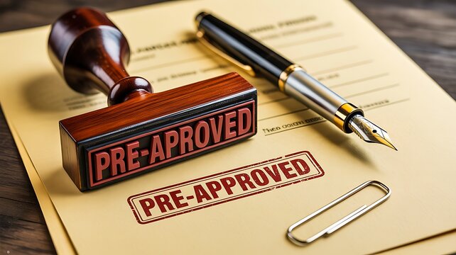 Pre approved mortgage concept with rubber stamp, pen and financial documents