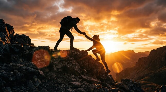 eam Helping Climber Reach Mountain Summit at Sunset