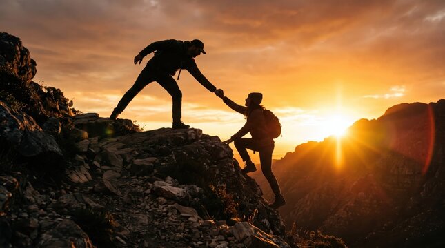 People Helping Each Other Climb Mountain at Sunset