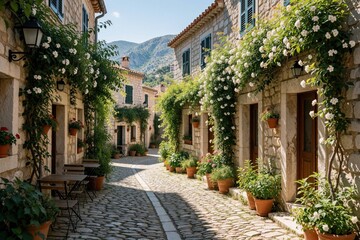 Fototapeta premium Narrow cobbled street in old European town with stone houses, blooming white flowers. Green vines, potted plants decorate rustic facades. Quiet alleyway offers peaceful atmosphere for walking,