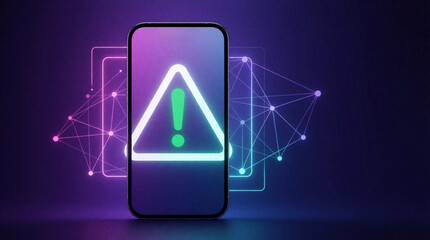 Fototapeta premium Smartphone shows warning triangle with exclamation mark. Digital screen displays alert on dark background with neon tech network. System error concept.