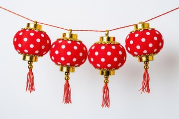Fototapeta premium Four red polka dot chinese lanterns with gold trim hang on a string. Traditional Asian decorations are isolated on a white background. Festive ornaments for holidays.