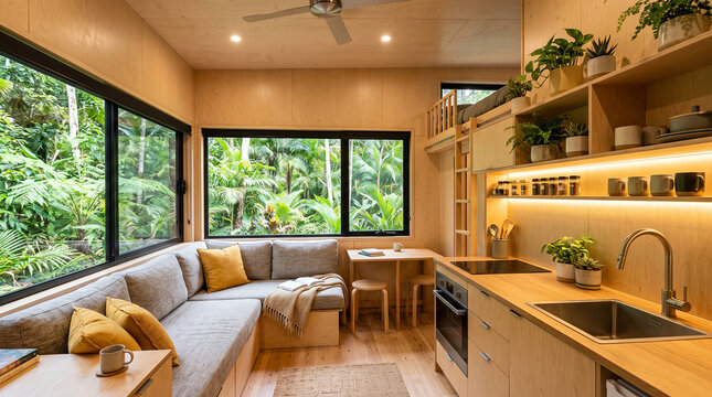 Minimalist tiny house interior with plywood finishes and large jungle view windows