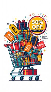 Shopping cart packed with gift boxes and discount tags highlights a mega sale promotion.