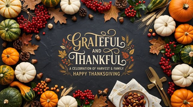 Grateful and Thankful sign with autumn harvest pumpkins, gourds, and cranberries for Thanksgiving celebration