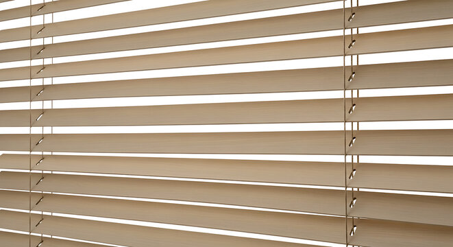 Horizontal wooden window blinds texture showing parallel slats with warm natural light filtering with close perspective horizontal