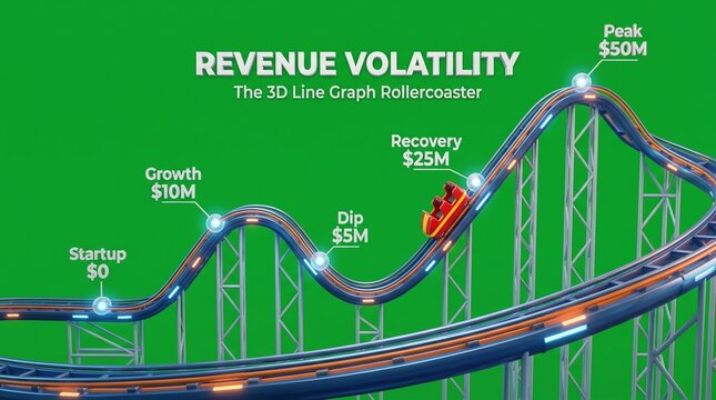 Business revenue volatility rollercoaster track with dramatic financial ups and downs trend line
