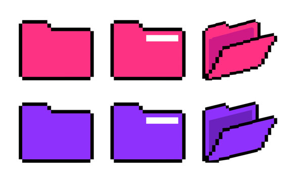 8-bit pixel art folder icon set, pink and purple file folders with open and closed designs for retro game interfaces, desktop UI, apps and digital storage graphics