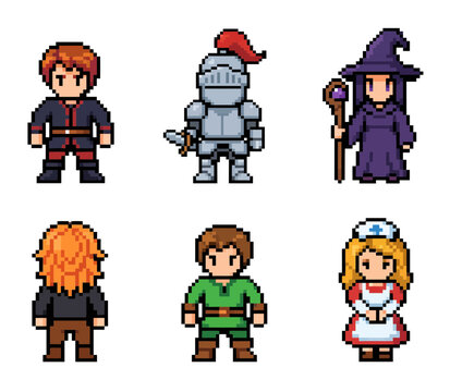 8-bit RPG pixel character sprite set, warrior, knight, mage, ninja, archer and healer characters for retro fantasy games, role-playing adventures and game design