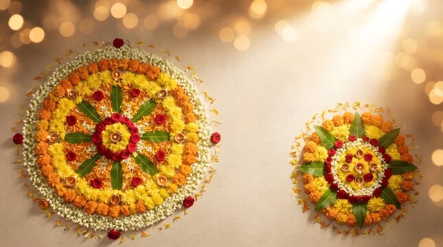 Traditional indian flower rangoli decoration for diwali festival