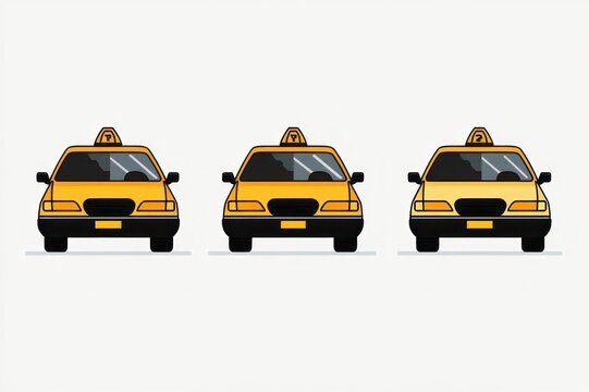 three identical yellow taxi cabs front view lined up on a white background in a simple cartoon illustration conveying an orderly, playful mood