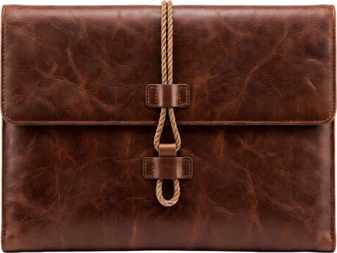 vintage brown leather briefcase with rope closure