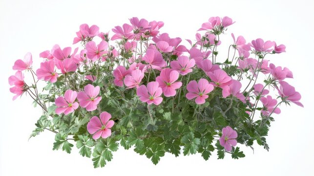cheerful cluster of delicate pink geranium flowers with green lobed leaves and stems isolated on a clean white background